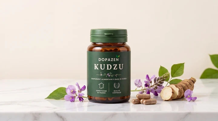 Pot Dopavie kudzu avec racine et fleurs de kudzu sur un plan en marbre