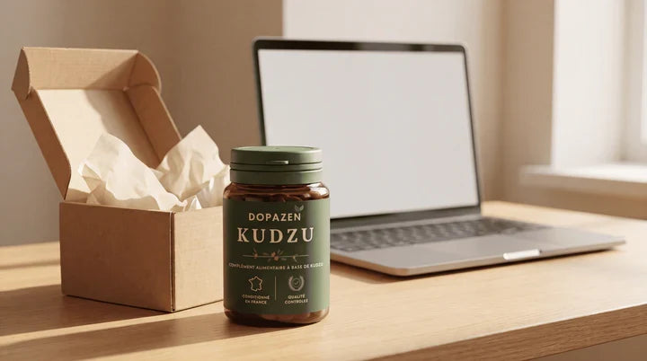 Pot Dopavie kudzu devant un carton de livraison et un ordinateur portable