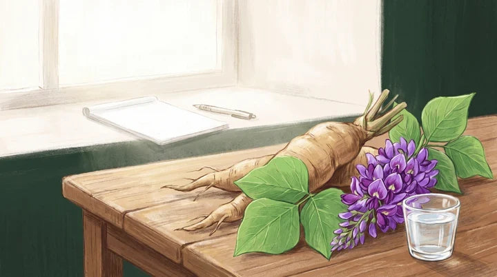 Racine, feuilles et fleurs violettes de kudzu sur une table