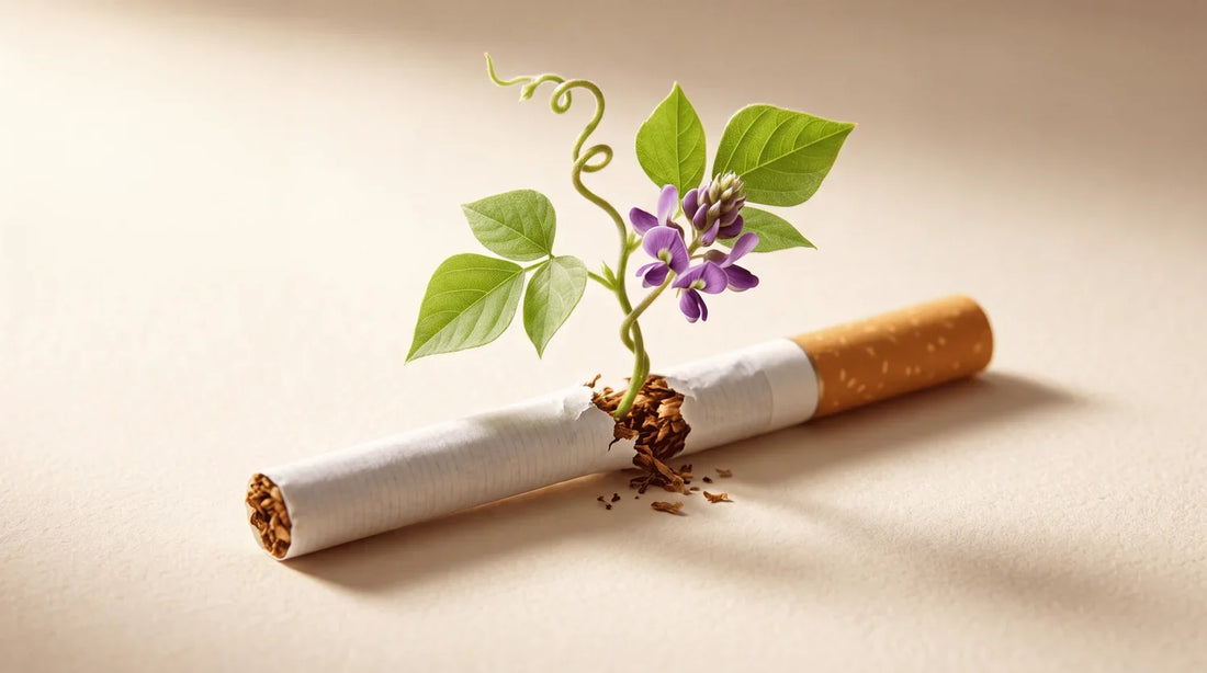 Cigarette brisée d'où pousse une liane de kudzu aux fleurs violettes